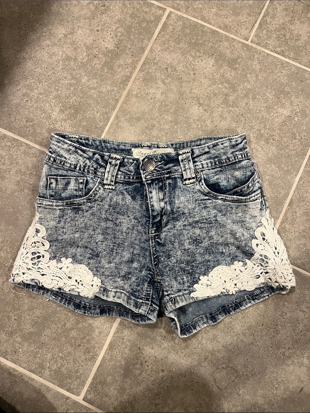 Denim Acid-Wash Lace Trim Women's Shorts